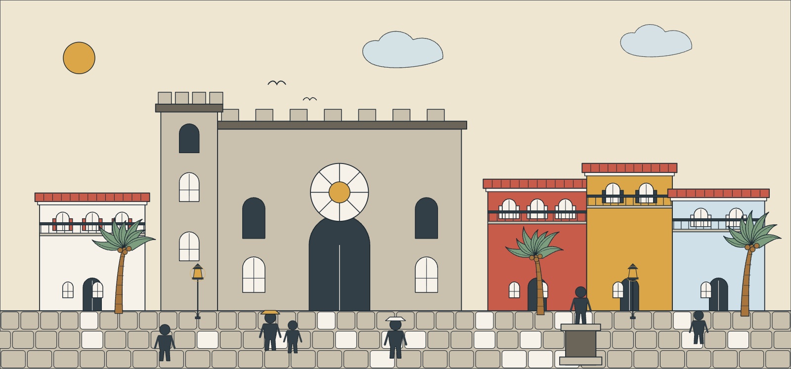 Illustration of the Zona Colonial in Santo Domingo with the stone cathedral, painted facades, palms and walkers on a cobbled street