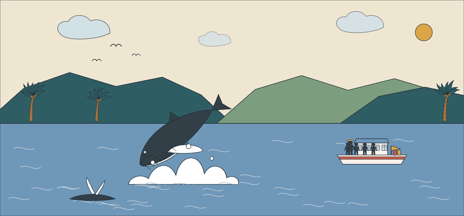 Illustration of a humpback whale breaching in Samaná Bay beside a small whale-watching boat, with green hills behind