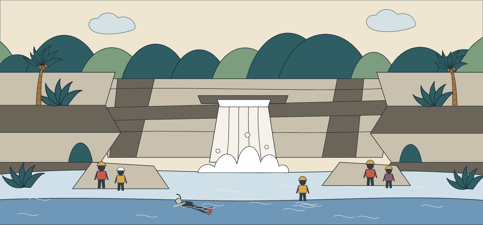 Illustration of the Damajagua waterfalls with turquoise pools, limestone ledges and swimmers in helmets and life jackets