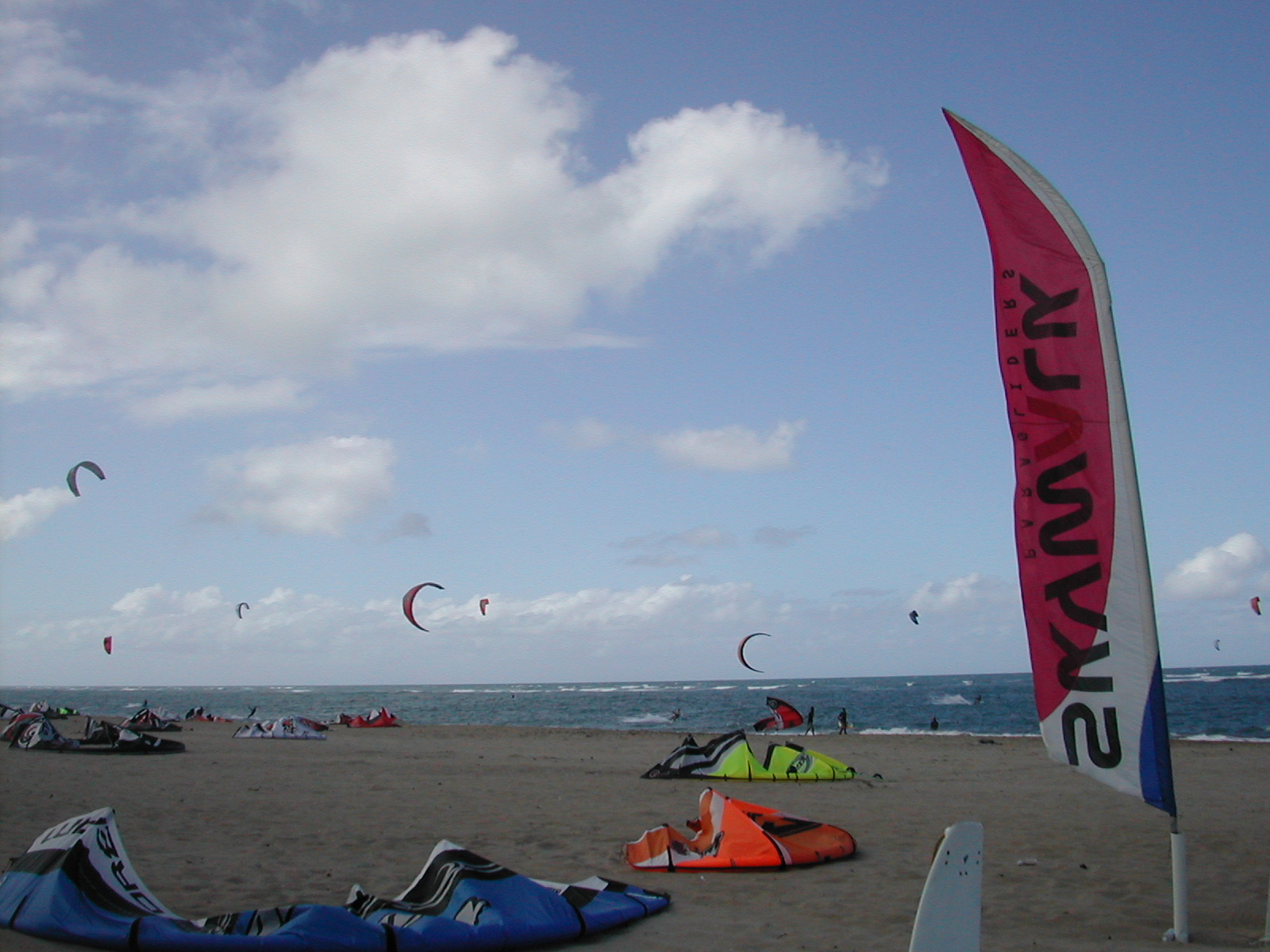 Kites rigged on the sand at Kite Beach in Cabarete with more kites flying over the sea