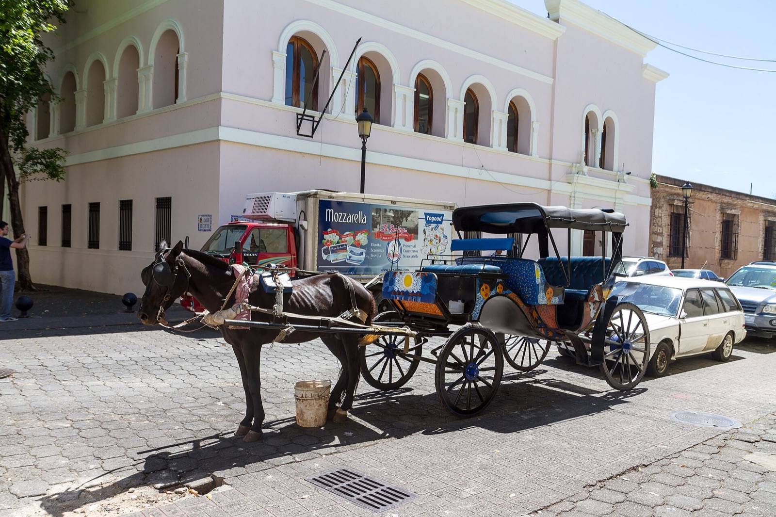 A horse-drawn carriage waiting in front of a colonial arcaded building in the Zona Colonial, Santo Domingo
